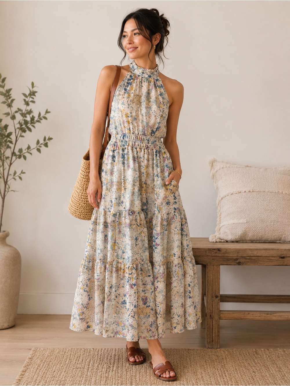 Anthropologie Floral Halter Maxi Dress w/ Pockets Smocked Waist Flowy Boho